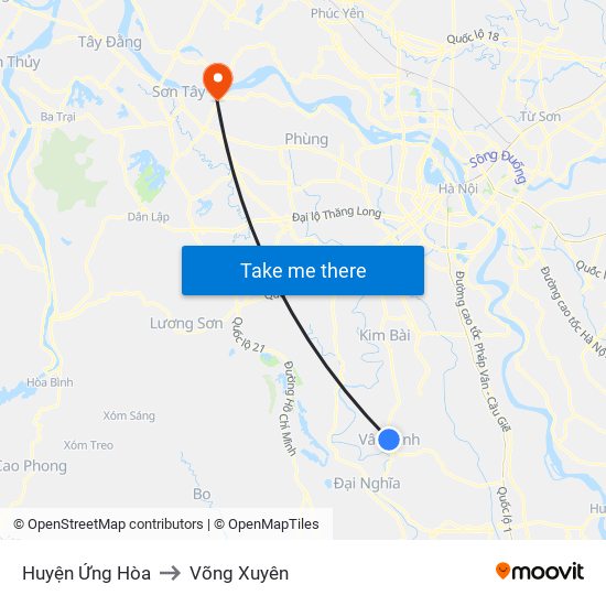 Huyện Ứng Hòa to Võng Xuyên map