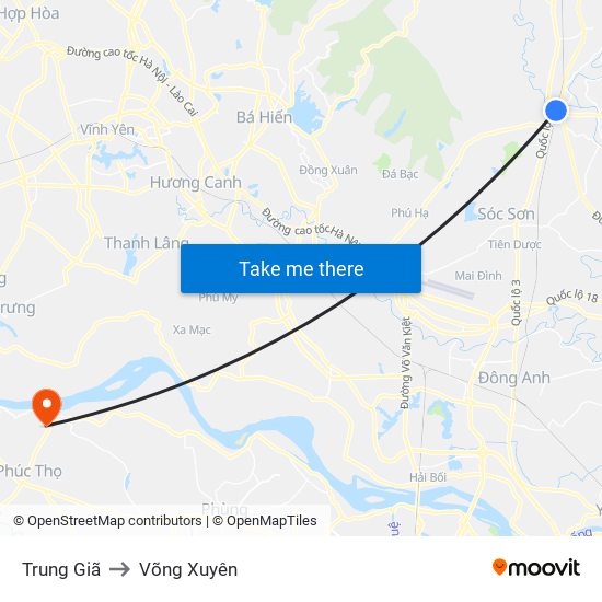 Trung Giã to Võng Xuyên map