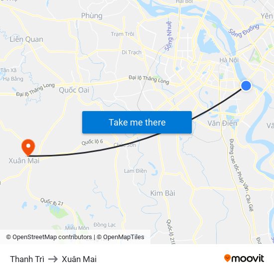 Thanh Trì to Xuân Mai map