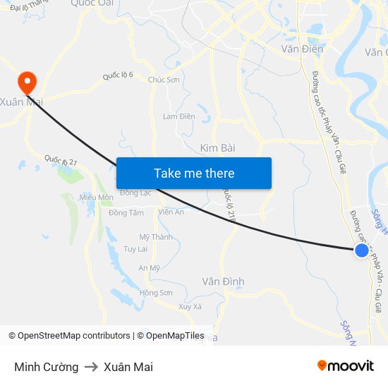 Minh Cường to Xuân Mai map