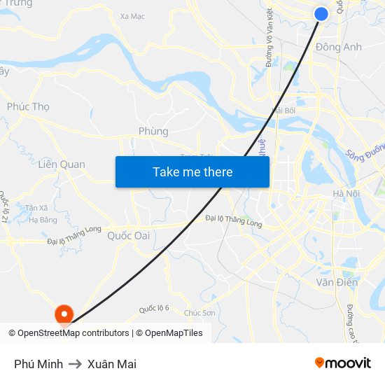 Phú Minh to Xuân Mai map