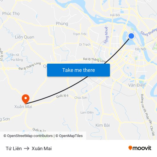 Tứ Liên to Xuân Mai map