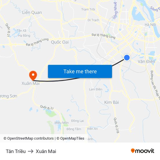 Tân Triều to Xuân Mai map