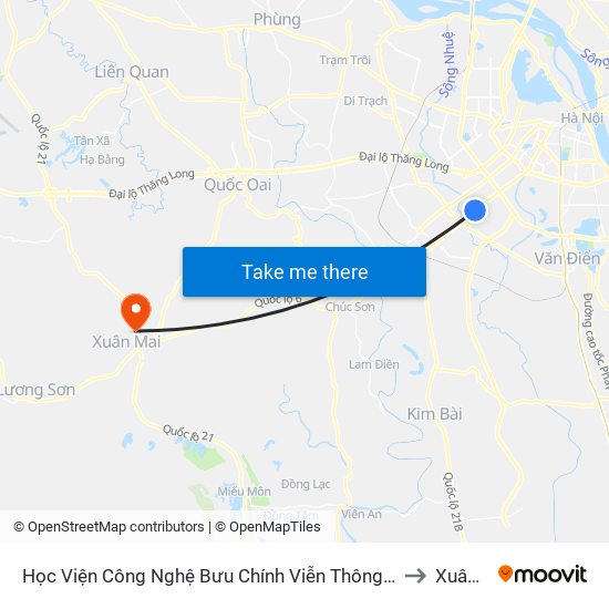 Học Viện Công Nghệ Bưu Chính Viễn Thông - Trần Phú (Hà Đông) to Xuân Mai map