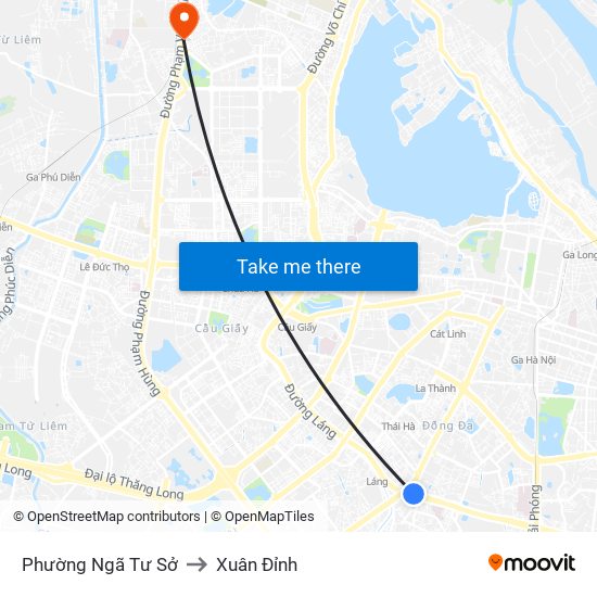 Phường Ngã Tư Sở to Xuân Đỉnh map