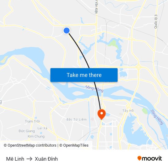 Mê Linh to Xuân Đỉnh map