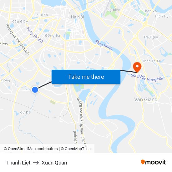 Thanh Liệt to Xuân Quan map