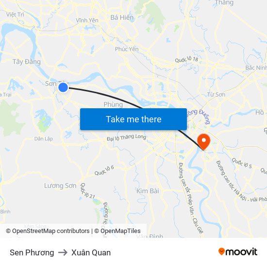 Sen Phương to Xuân Quan map