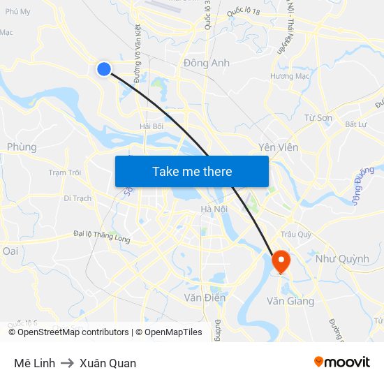 Mê Linh to Xuân Quan map