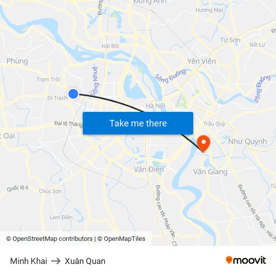 Minh Khai to Xuân Quan map