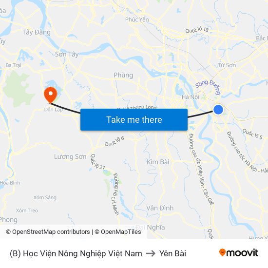 (B) Học Viện Nông Nghiệp Việt Nam to Yên Bài map