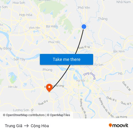 Trung Giã to Cộng Hòa map