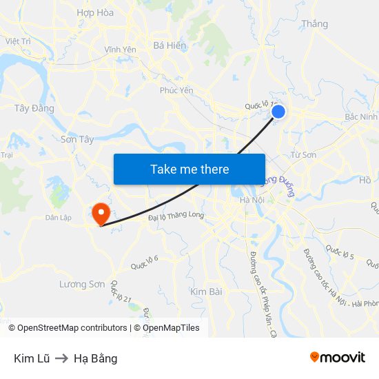 Kim Lũ to Hạ Bằng map