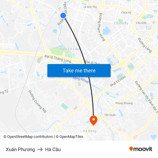 Xuân Phương to Hà Cầu map
