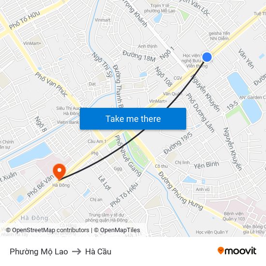 Phường Mộ Lao to Hà Cầu map