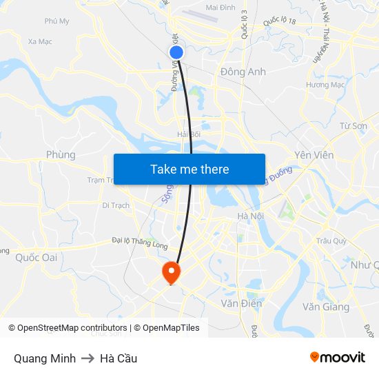 Quang Minh to Hà Cầu map