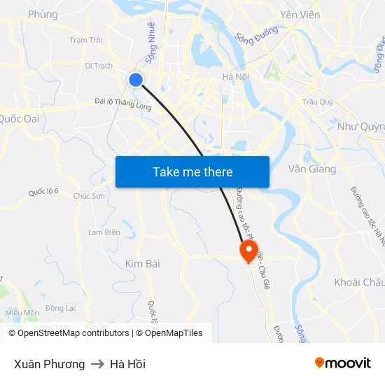 Xuân Phương to Hà Hồi map