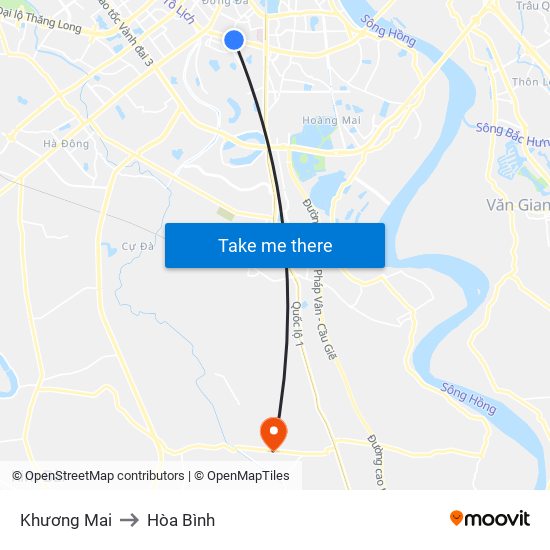 Khương Mai to Hòa Bình map