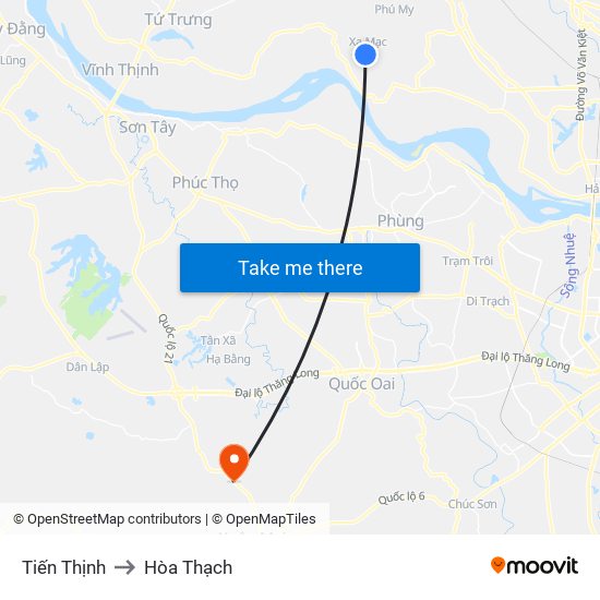 Tiến Thịnh to Hòa Thạch map