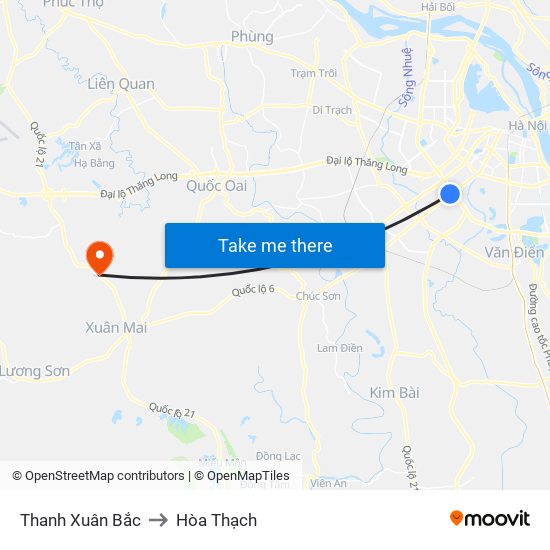 Thanh Xuân Bắc to Hòa Thạch map