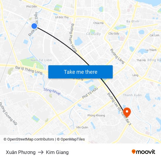 Xuân Phương to Kim Giang map