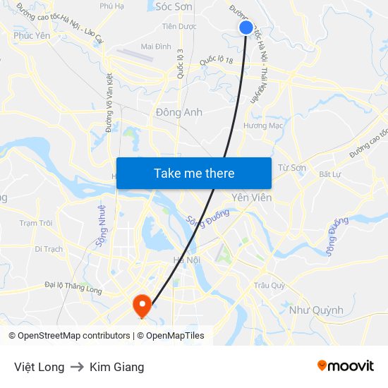 Việt Long to Kim Giang map