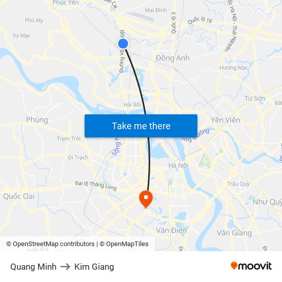 Quang Minh to Kim Giang map