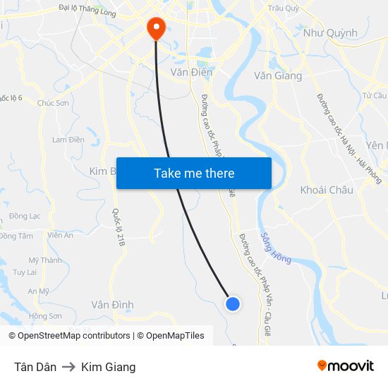 Tân Dân to Kim Giang map