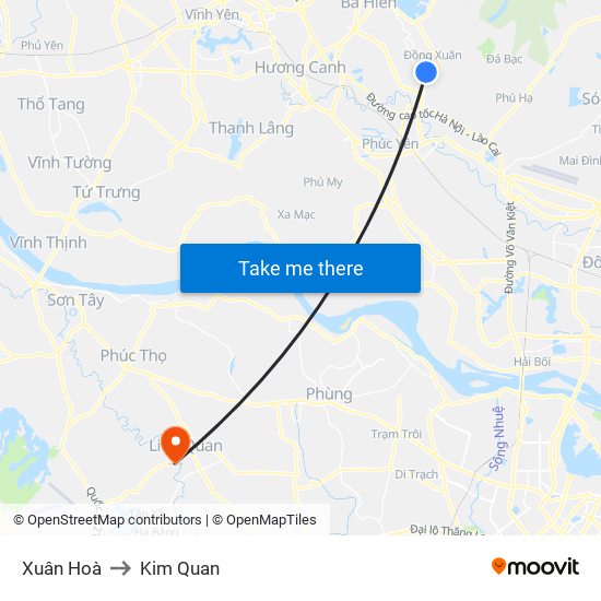 Xuân Hoà to Kim Quan map