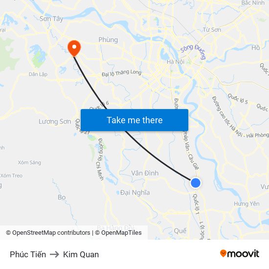 Phúc Tiến to Kim Quan map