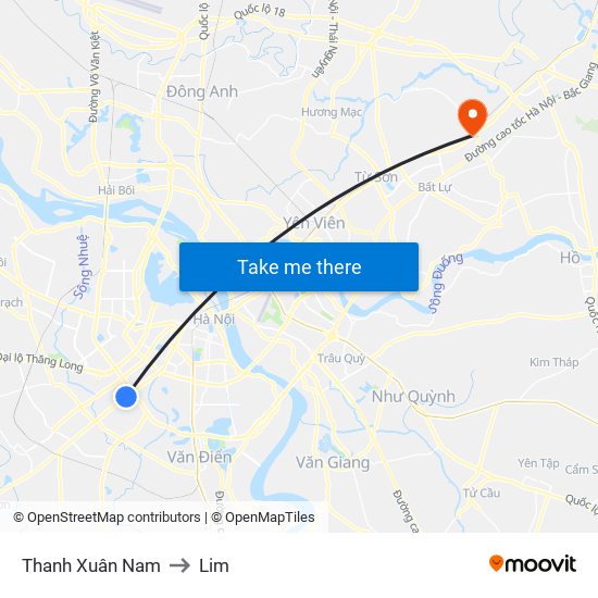 Thanh Xuân Nam to Lim map