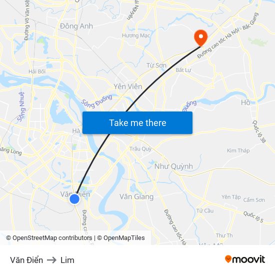 Văn Điển to Lim map