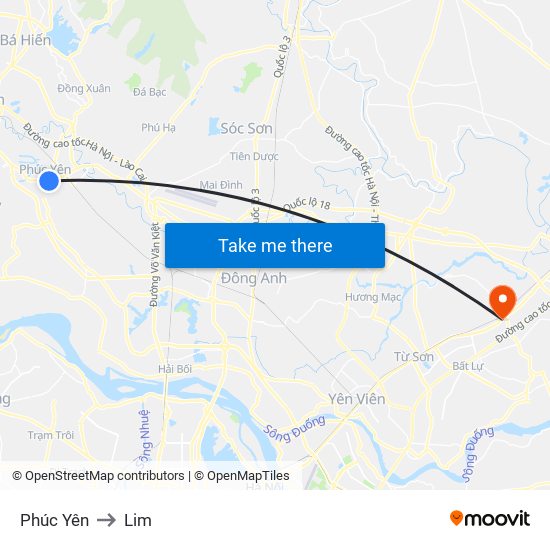 Phúc Yên to Lim map