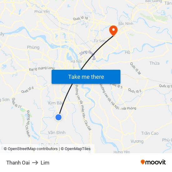 Thanh Oai to Lim map