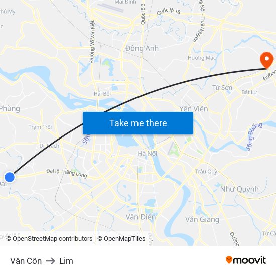 Vân Côn to Lim map