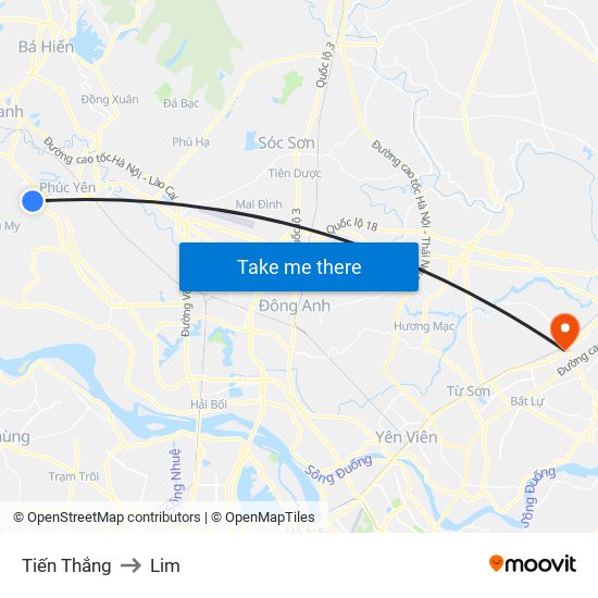 Tiến Thắng to Lim map