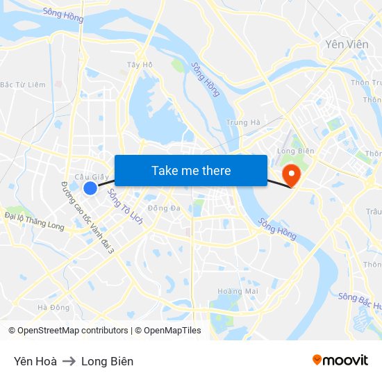 Yên Hoà to Long Biên map