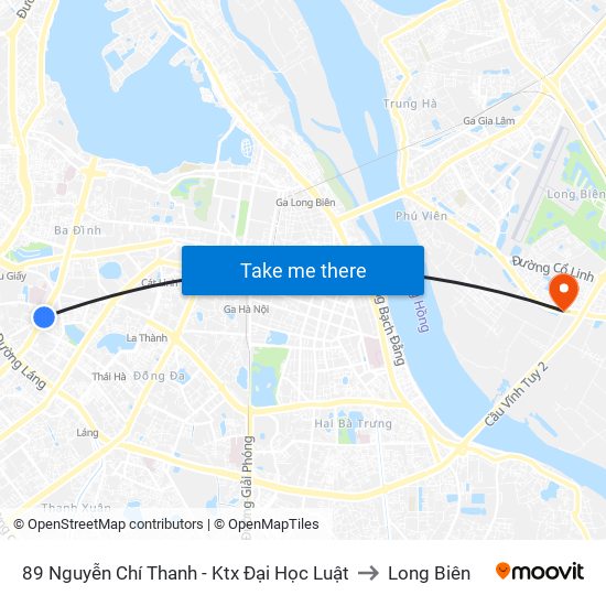 89 Nguyễn Chí Thanh - Ktx Đại Học Luật to Long Biên map
