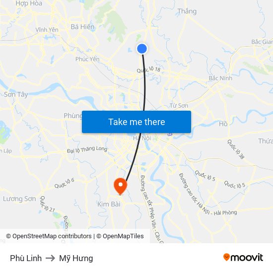 Phù Linh to Mỹ Hưng map