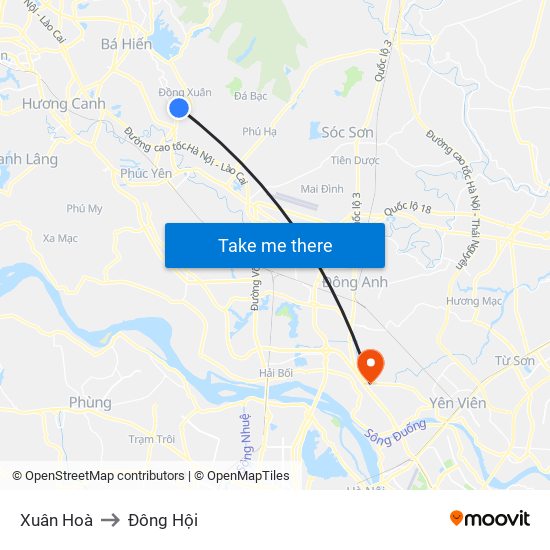 Xuân Hoà to Đông Hội map