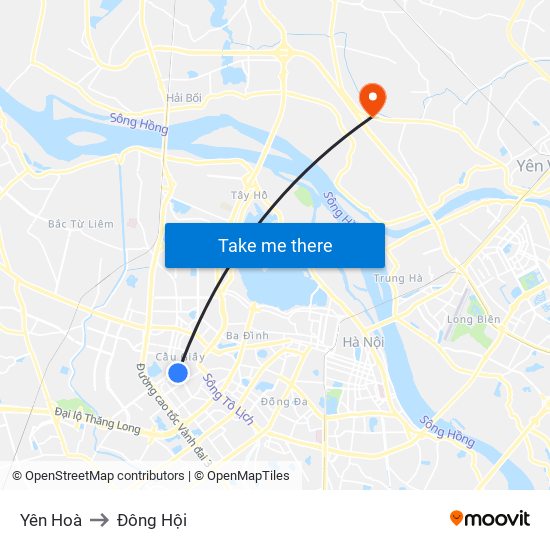 Yên Hoà to Đông Hội map