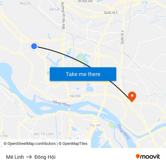 Mê Linh to Đông Hội map