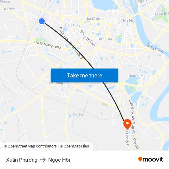 Xuân Phương to Ngọc Hồi map