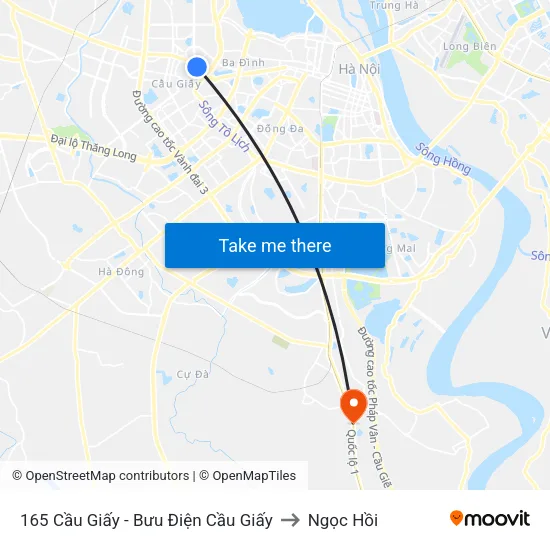 165 Cầu Giấy - Bưu Điện Cầu Giấy to Ngọc Hồi map