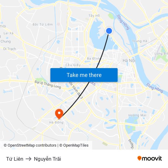 Tứ Liên to Nguyễn Trãi map