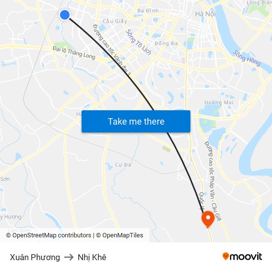 Xuân Phương to Nhị Khê map