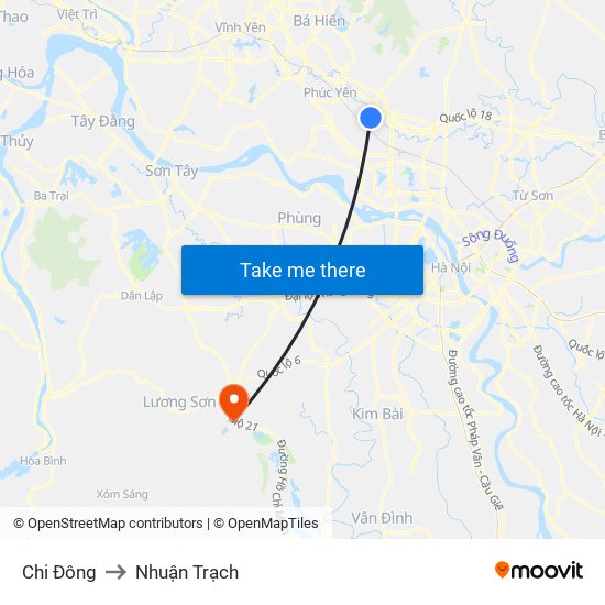 Chi Đông to Nhuận Trạch map