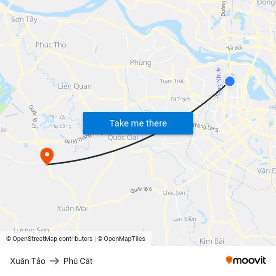 Xuân Tảo to Phú Cát map