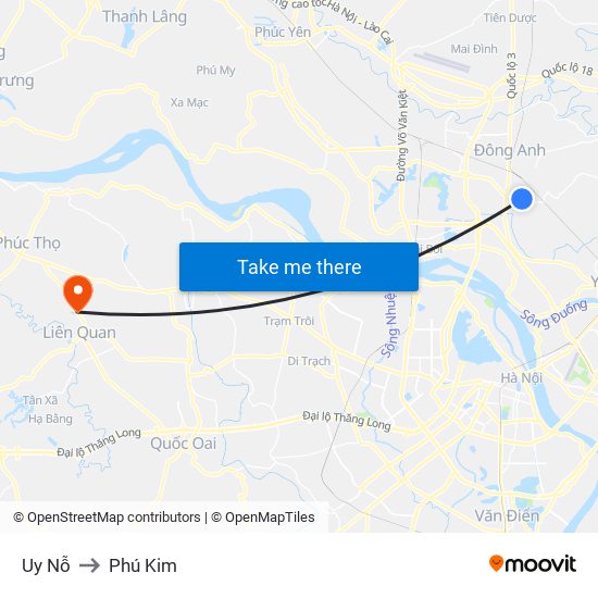 Uy Nỗ to Phú Kim map