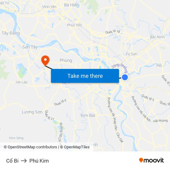 Cổ Bi to Phú Kim map